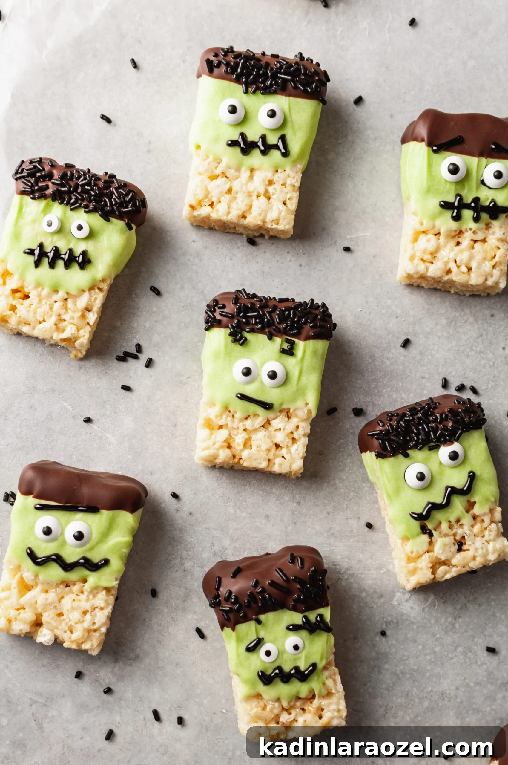 27 Spooky Halloween Desserts to Delight Your Guests 22 monster halloween rice krispie treats that look like green Frankenstein monsters