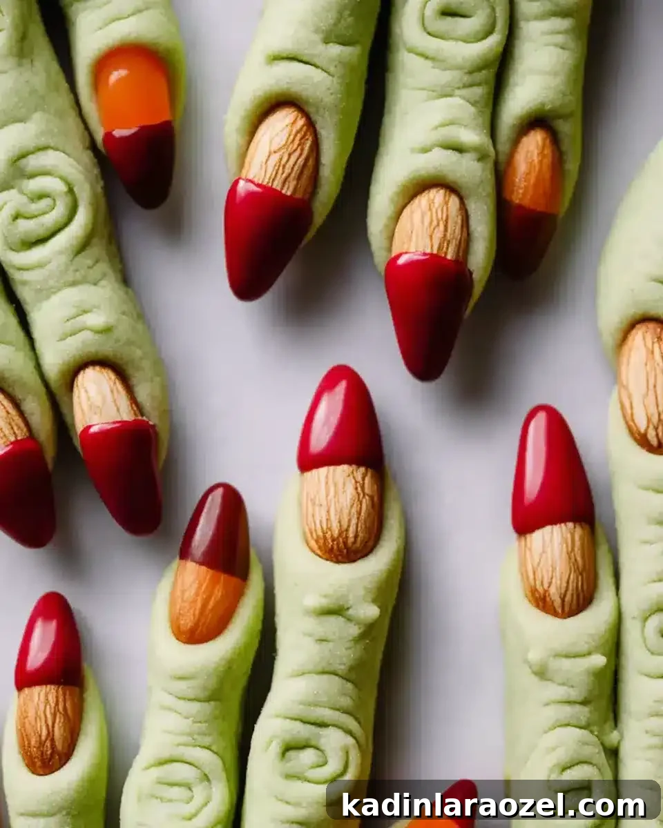 27 Spooky Halloween Desserts to Delight Your Guests 4 cookies that look like green fingers with long almond fingernails that have been painted in red chocolate
