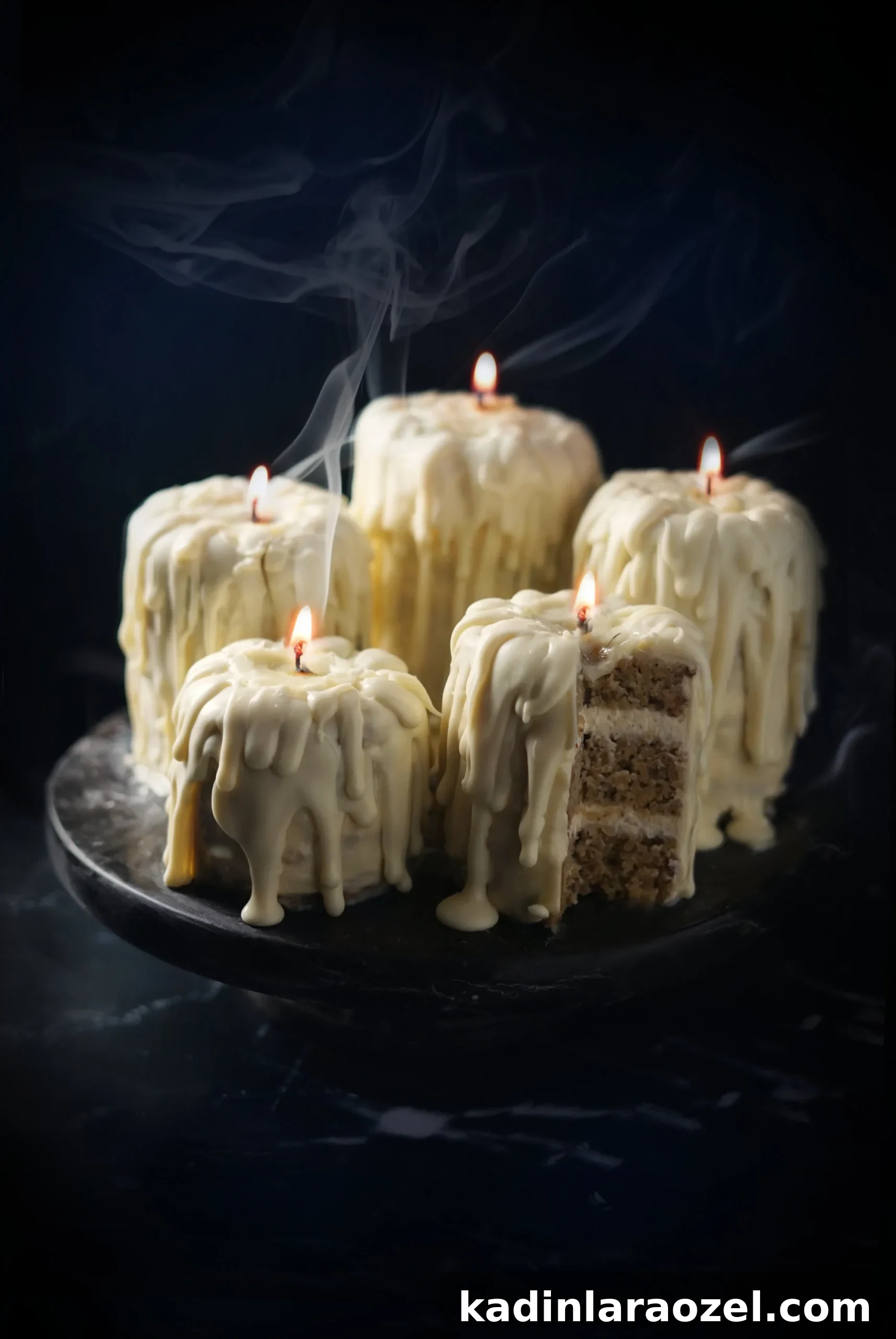 27 Spooky Halloween Desserts to Delight Your Guests 9 small cakes that are made to look like melting candles, with a wick in the middle they are all lit up