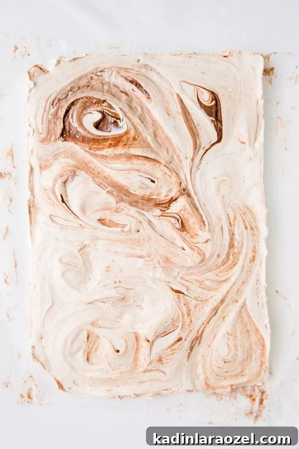 nutella swirled marshmallows sheet before it was cut into small pieces