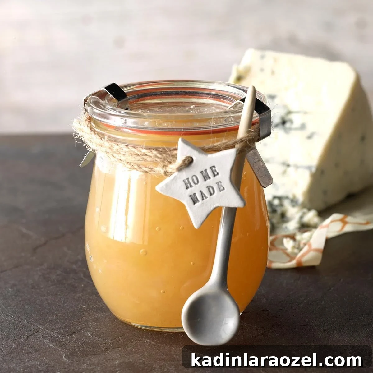 small glass jar of pear infused honey with a rustic string wrapped around the jar with a ceramic spoon