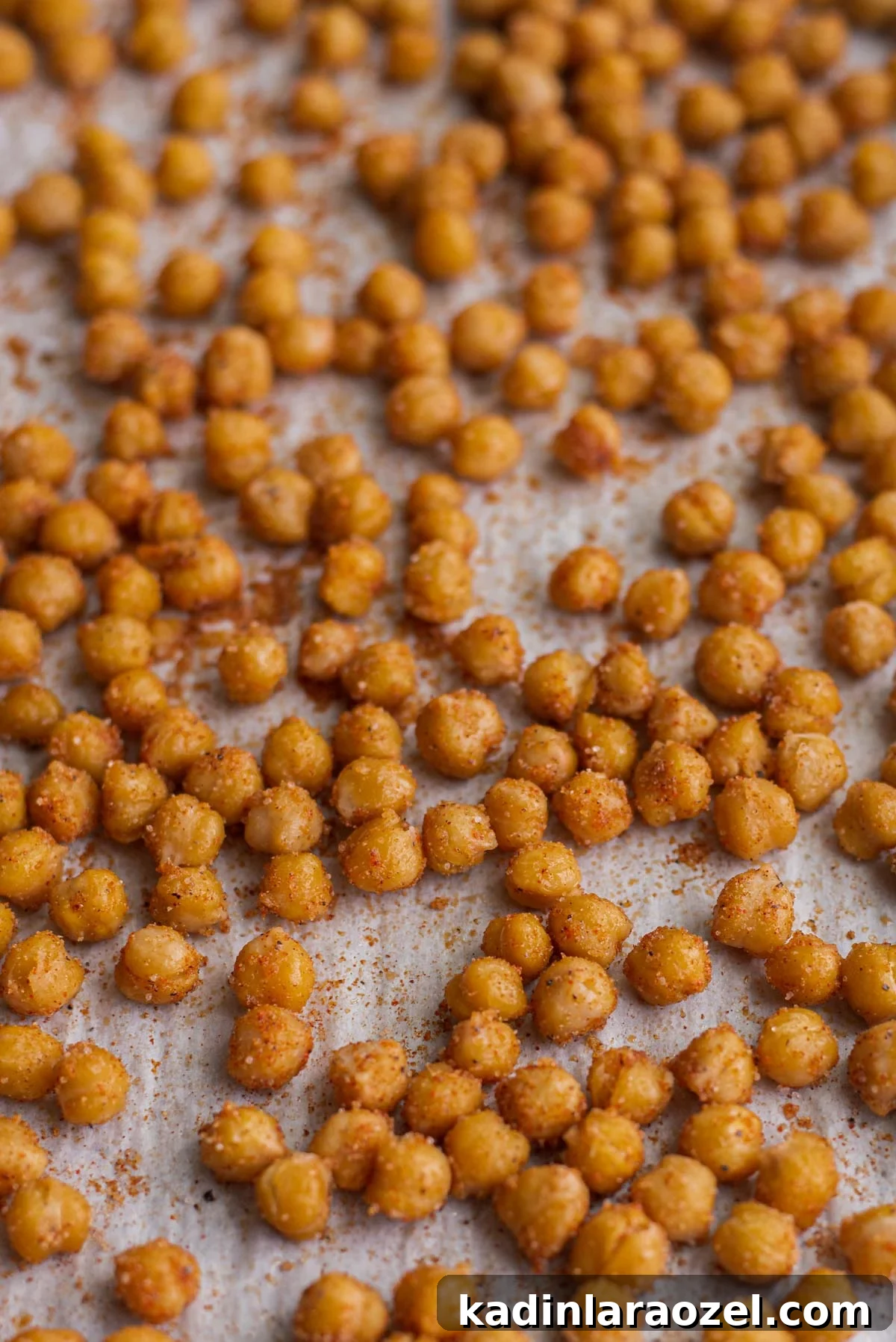 crispy chickpeas on a sheet pan after being baked