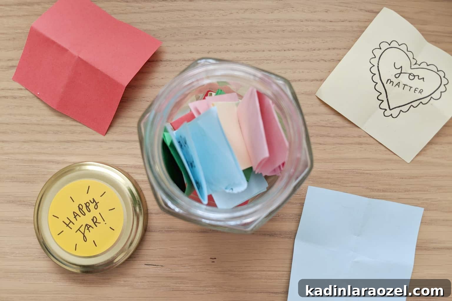happy jar filled with notes from loved ones and affirmations