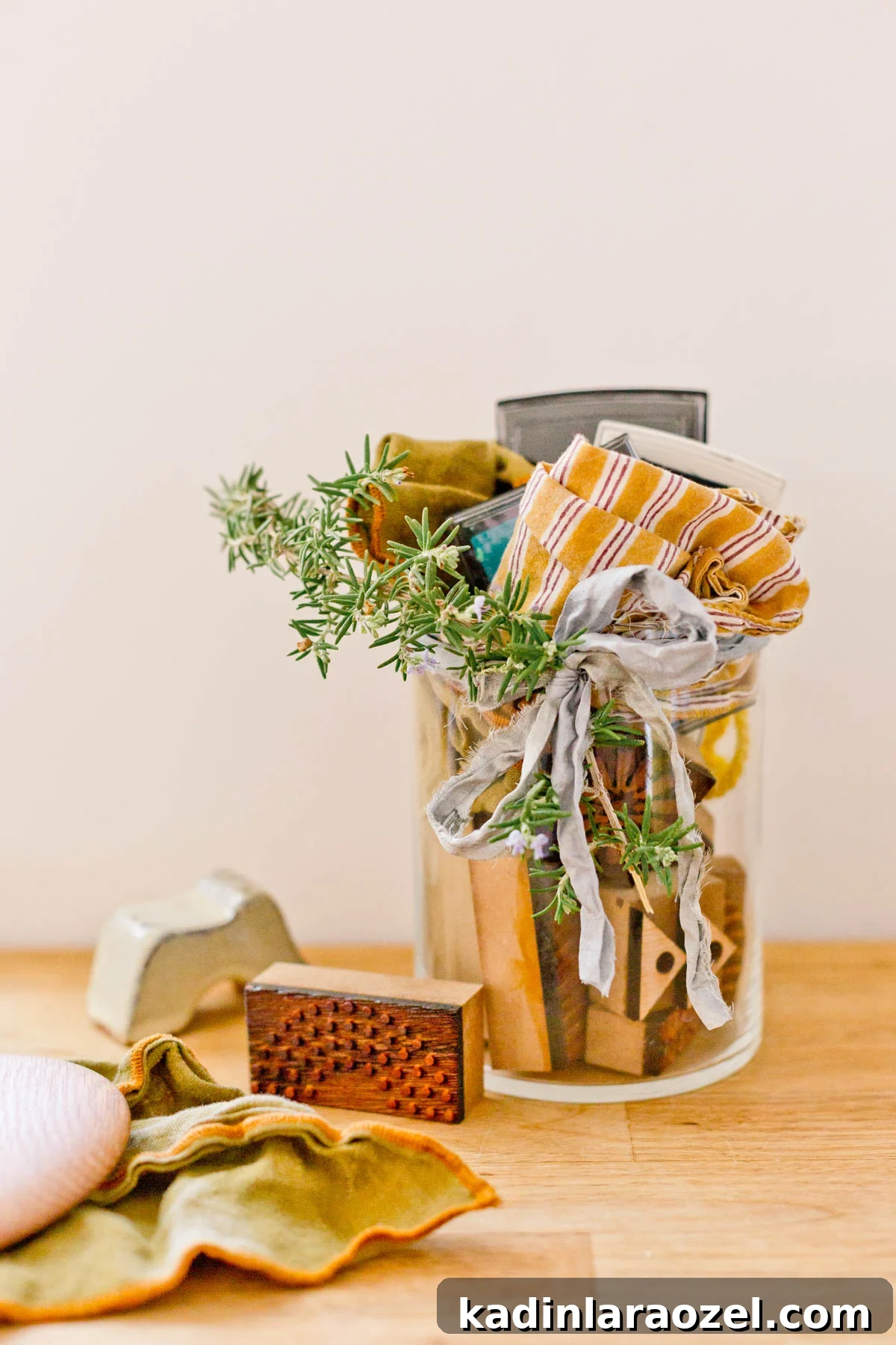 block printing gift kit with a glass jar and handmade stamps
