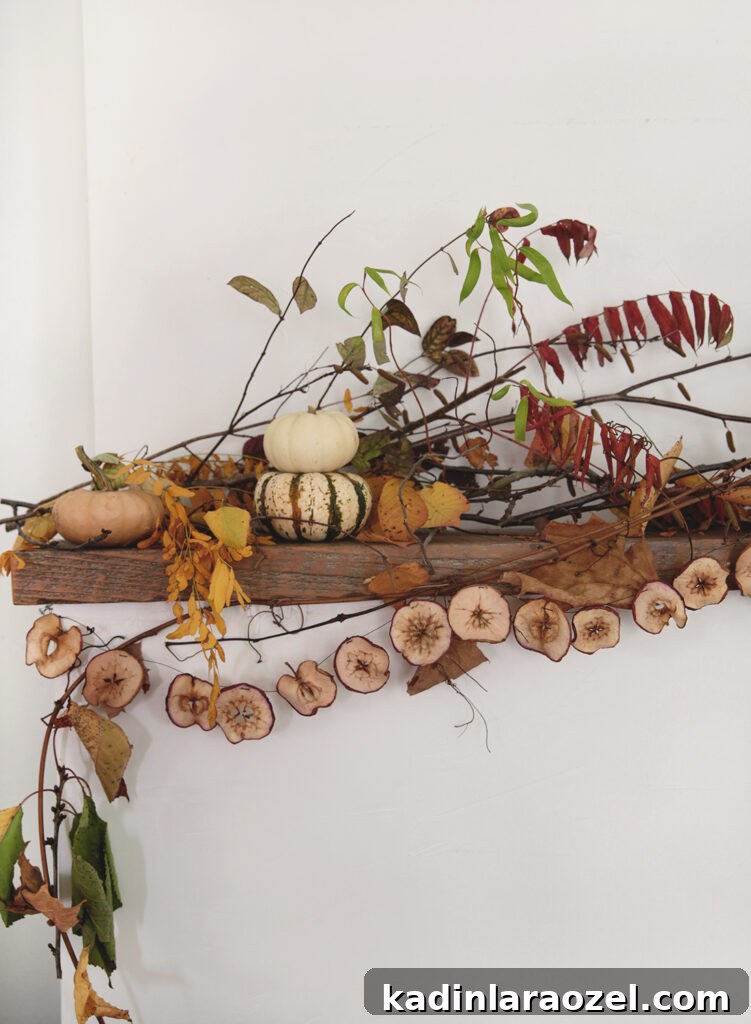 Effortless Thanksgiving Decorating Ideas 15 dried apple garland on a wood shelf with other fall decor