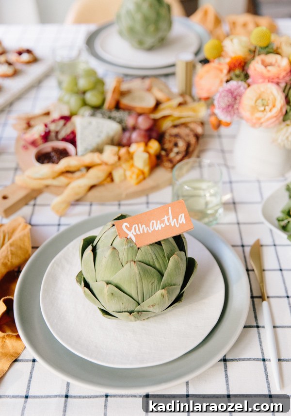 Effortless Thanksgiving Decorating Ideas 6 table setting with artichoke and leather nameplate