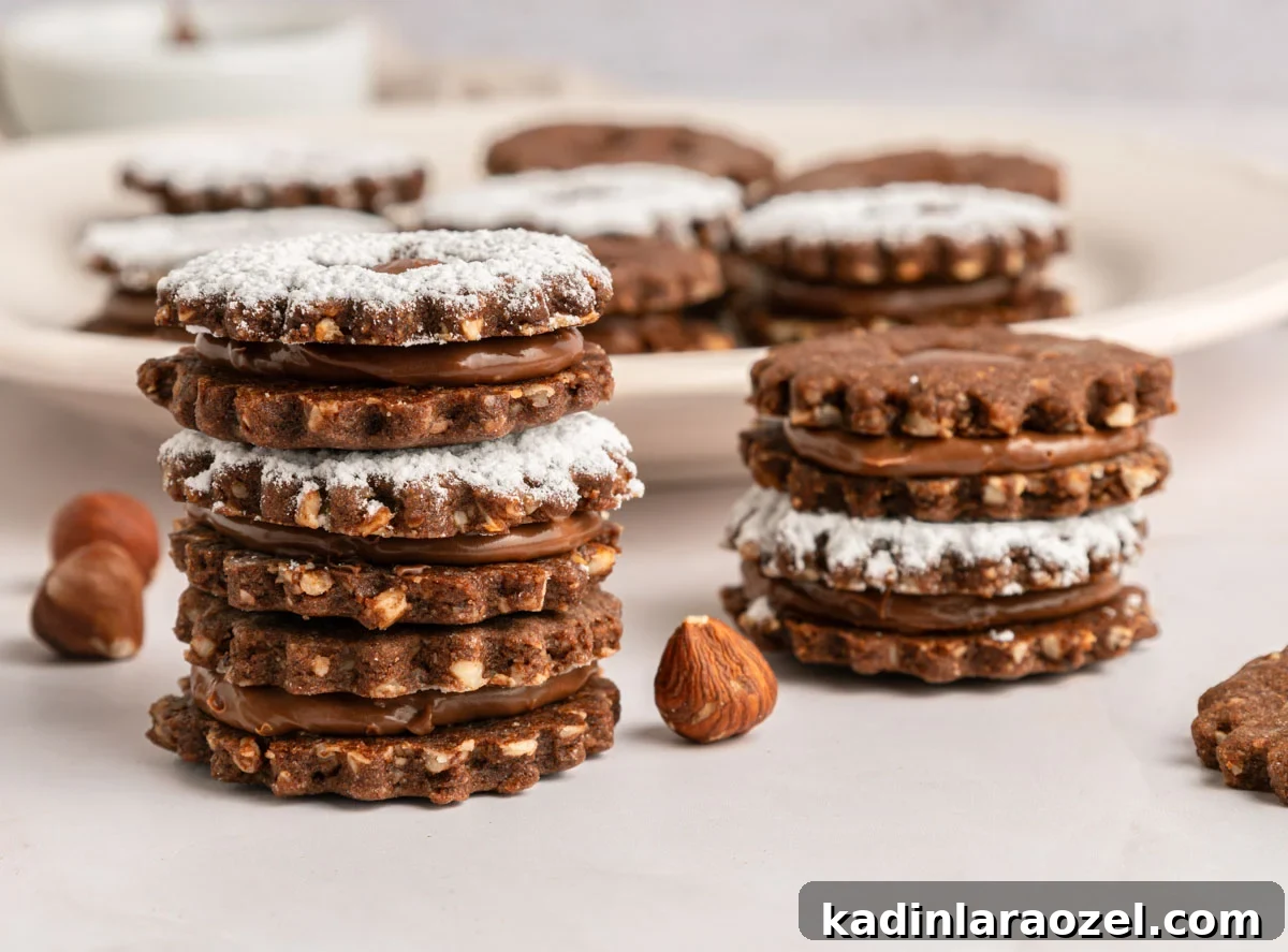Decadent Chocolate Hazelnut Cookie Recipe 12 stacked chocolate linzer cookies with hazelnuts and powdered sugar