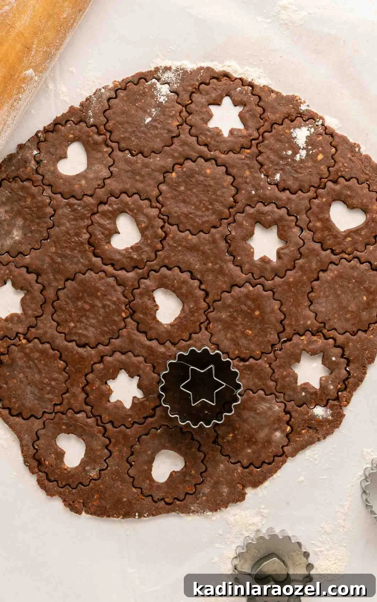 Decadent Chocolate Hazelnut Cookie Recipe 14 rolled out chocolate hazelnut dough being cut with shaped cookie cutters