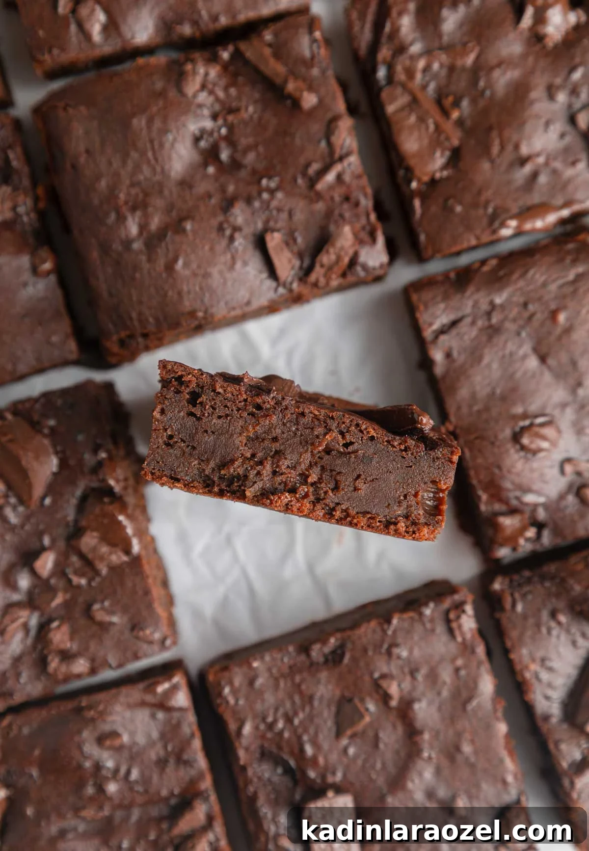 detail of sweet potato brownies, after they've been cut into squares 