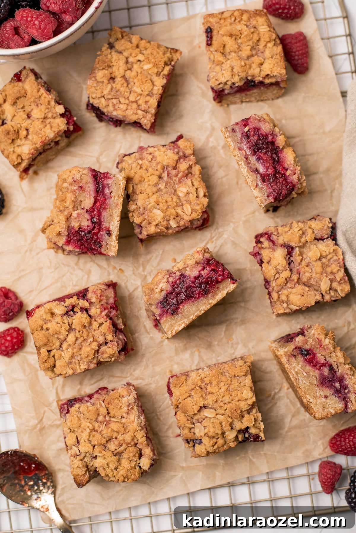 Berry Oat Shortbread Bars — Tender Crust with Fresh Berries 12 berry shortbread bars on parchment sheet on a cooling rack