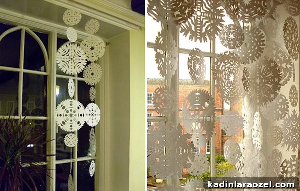 snowflake-paper-diy Side by side images of paper snowflakes in front of giant window, creating privacy and festive decor
