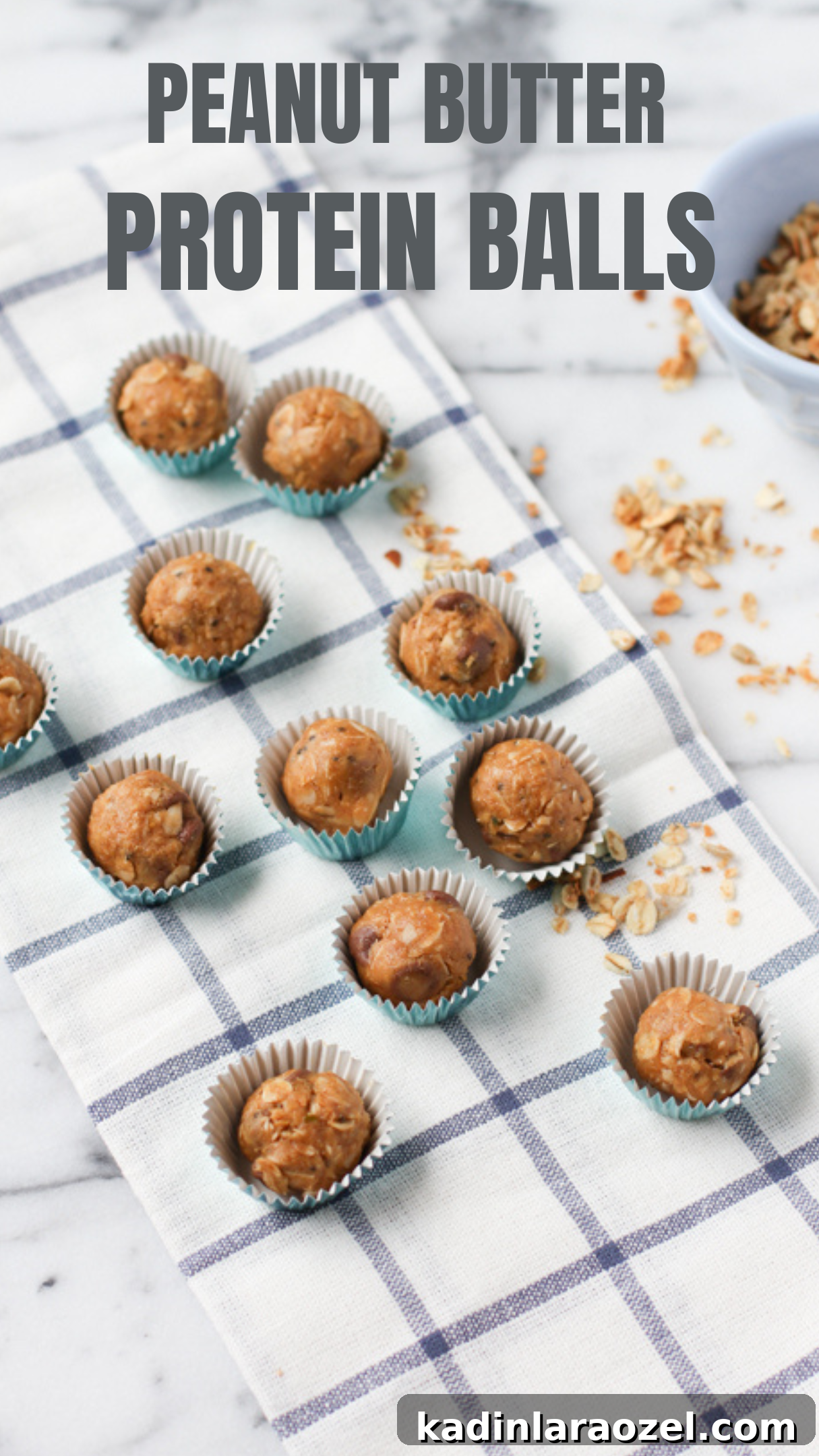 Organic Peanut Butter Protein Balls — Quick No-Bake Snack 4 Homemade protein balls on plaid tea towel and marble countertops