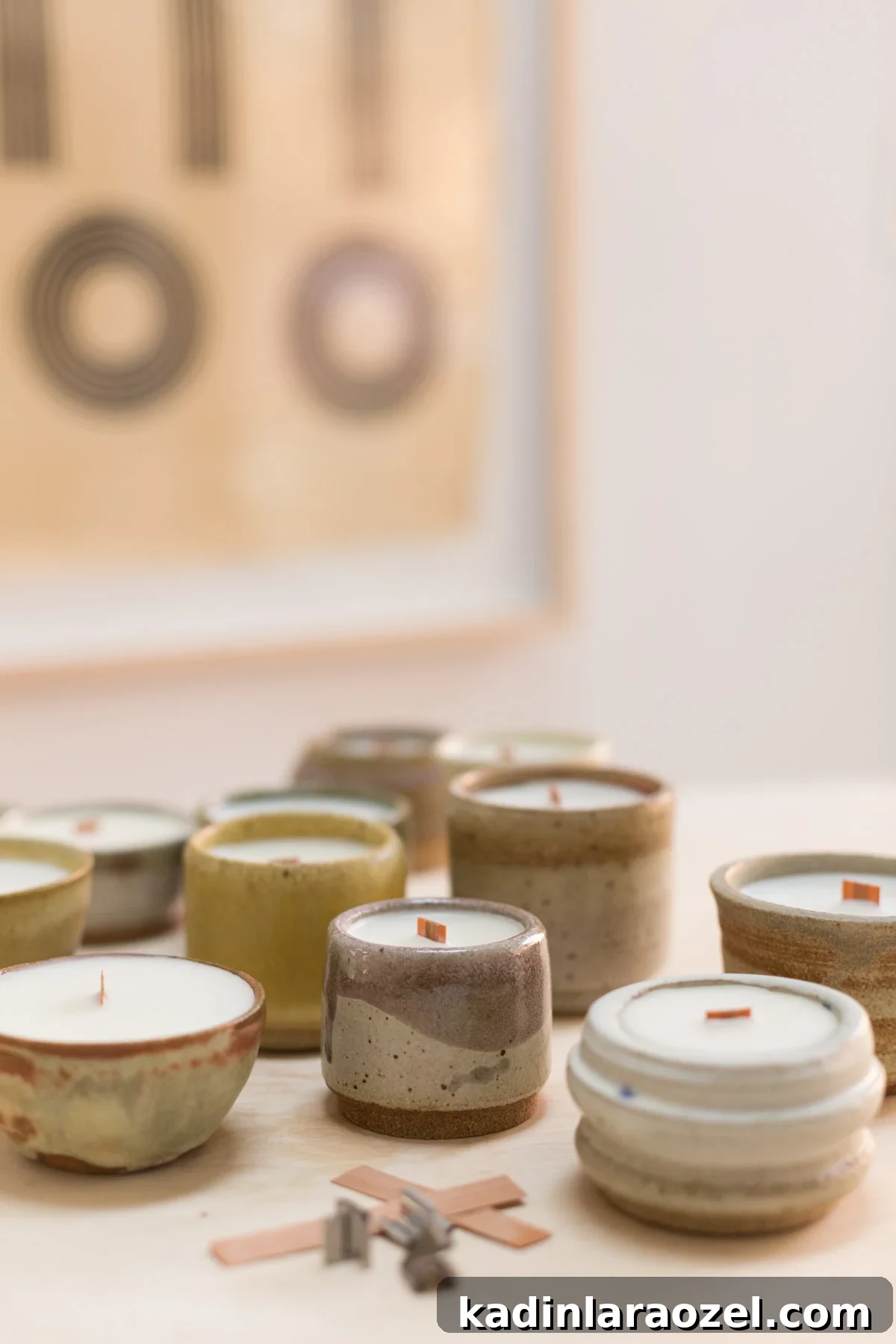 Complete Guide to Crafting Soy Candles at Home 3 Handmade pottery with DIY soy candles inside, sitting on a wood table