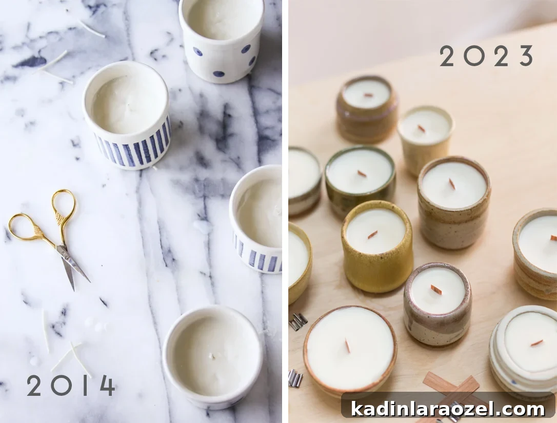 Complete Guide to Crafting Soy Candles at Home 7 Side by side comparison from candles made in 2014 and candles made in 2023