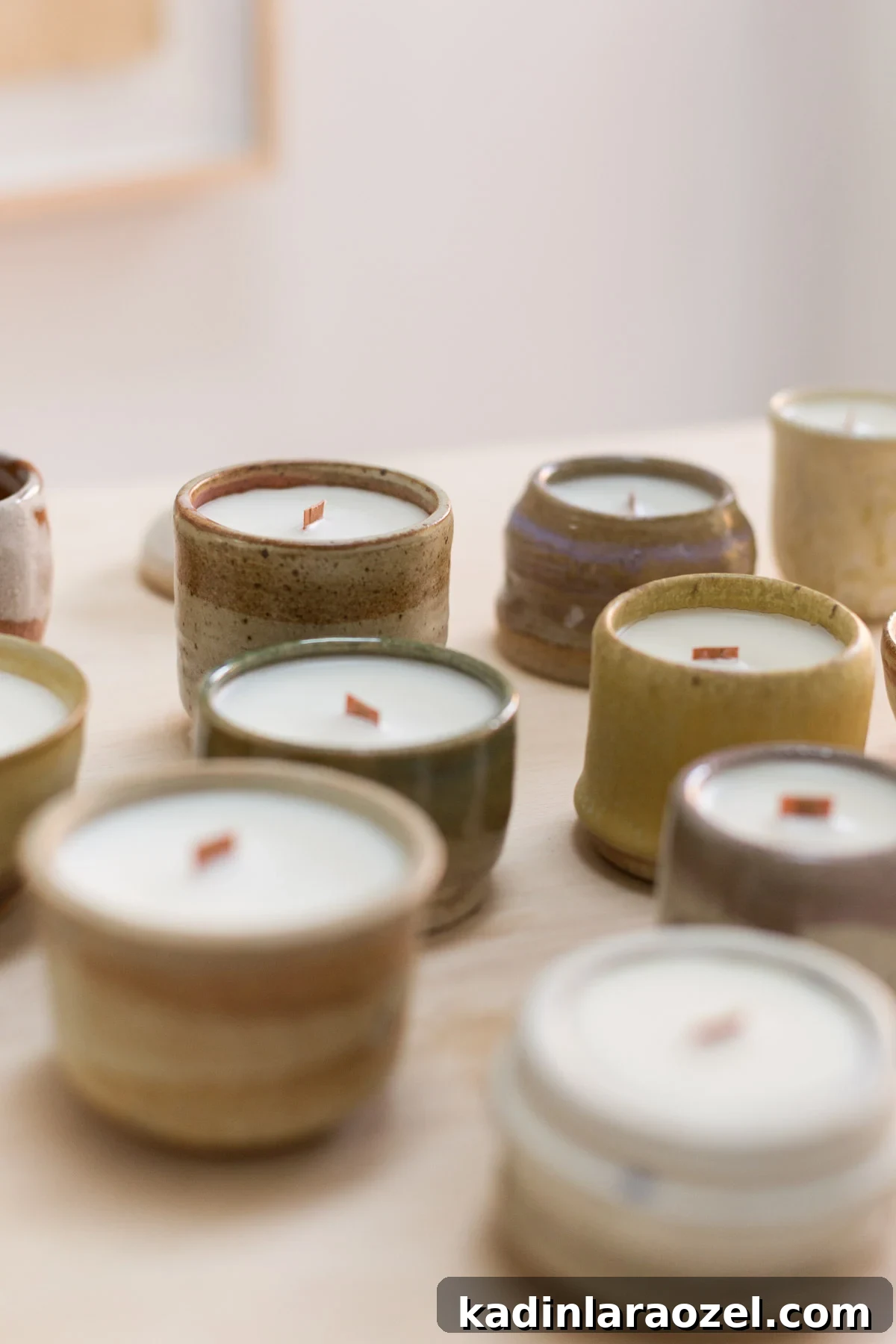 Complete Guide to Crafting Soy Candles at Home 10 Closeup view of DIY candles in handmade pottery vessels