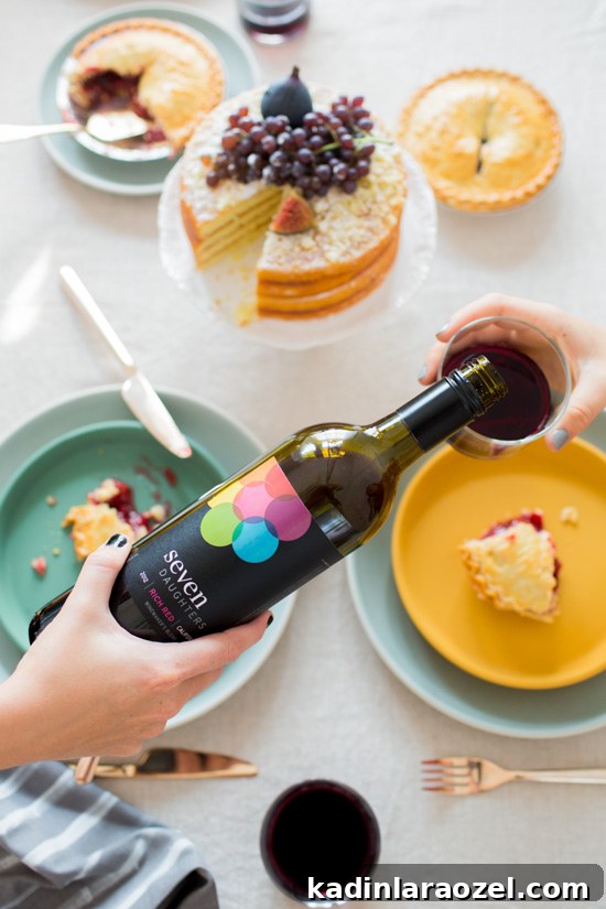 Cake, pie, and a bottle of wine