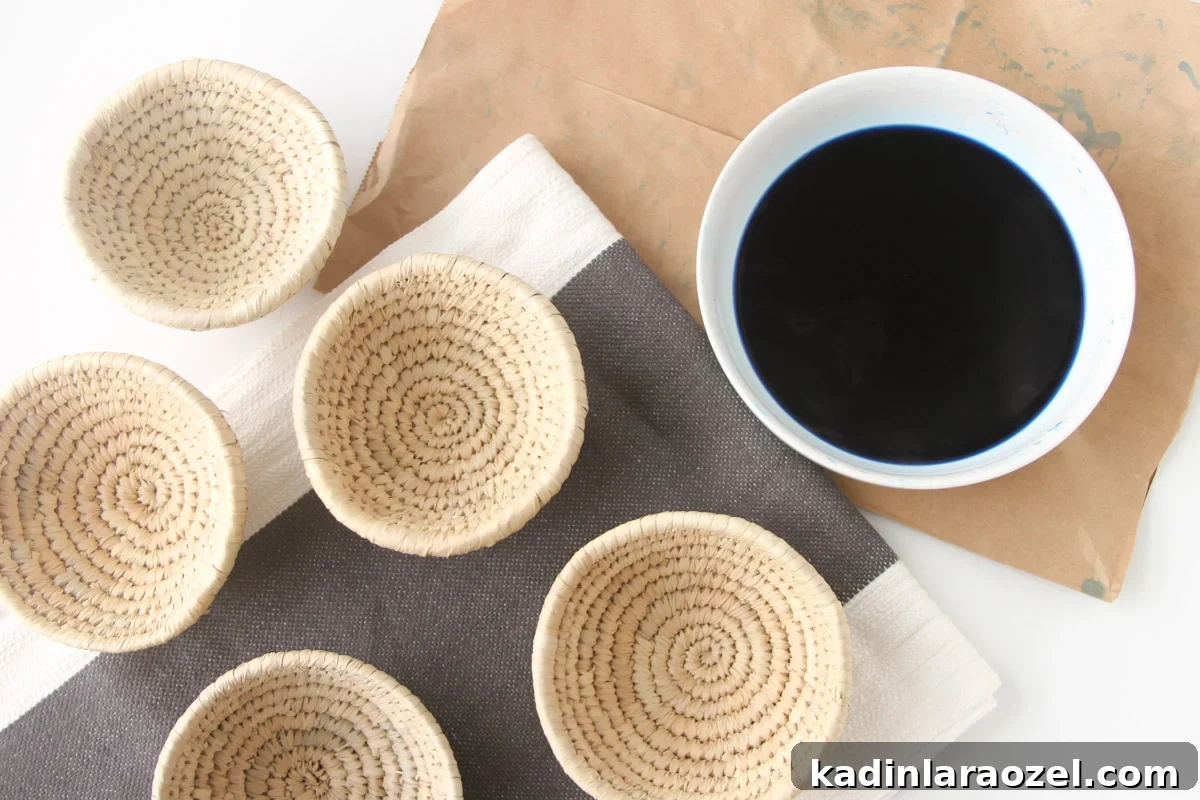 10-Minute Dip-Dyed Woven Baskets DIY Tutorial 3 Materials laid out on table that are needed for dip dyed baskets