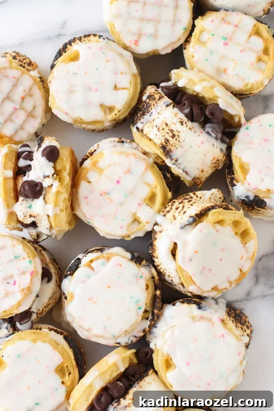 Weekend S'more Waffle Sandwiches: Gooey Chocolate & Marshmallow Treat 6 White Chocolate Dipped S'more Waffle Sandwiches