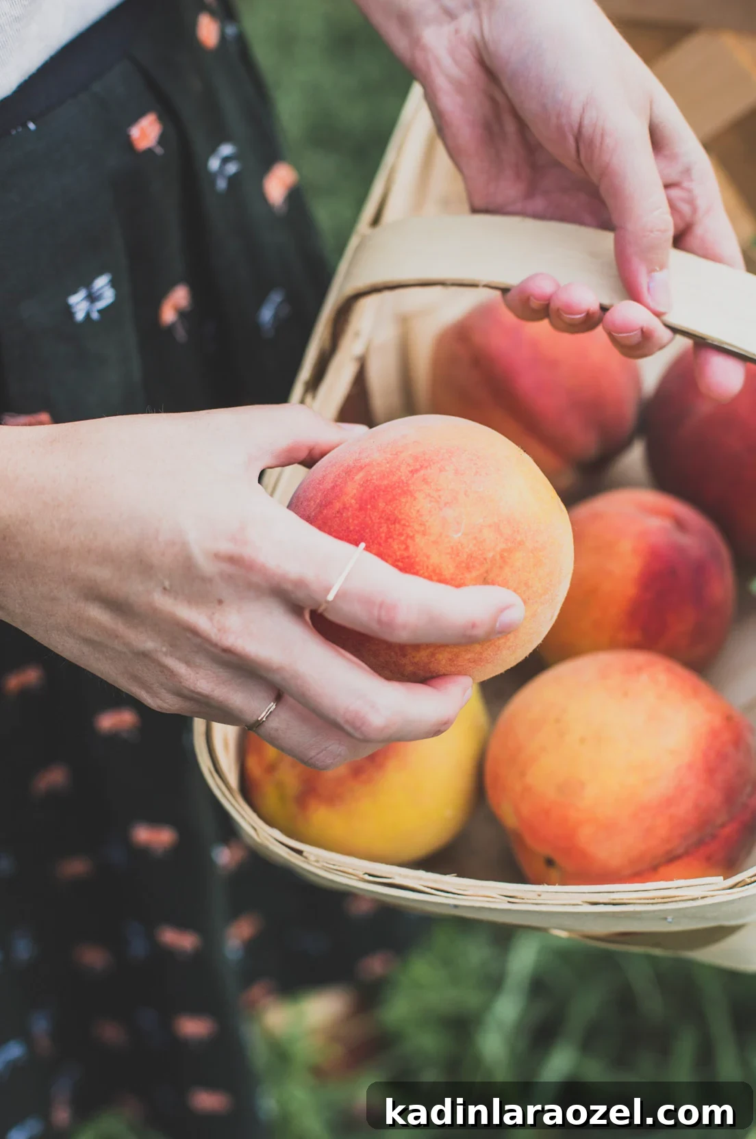 Picking peaches from a basket outdoors
