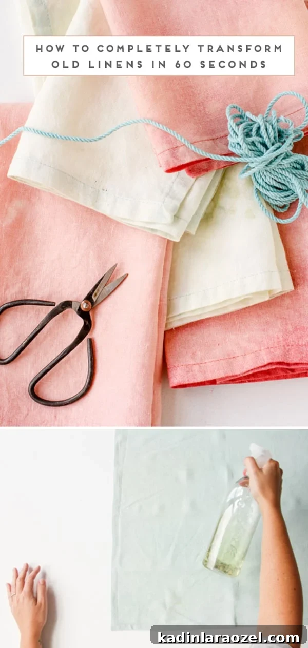 Step photo of bleaching linen and final photo of the finished napkins.