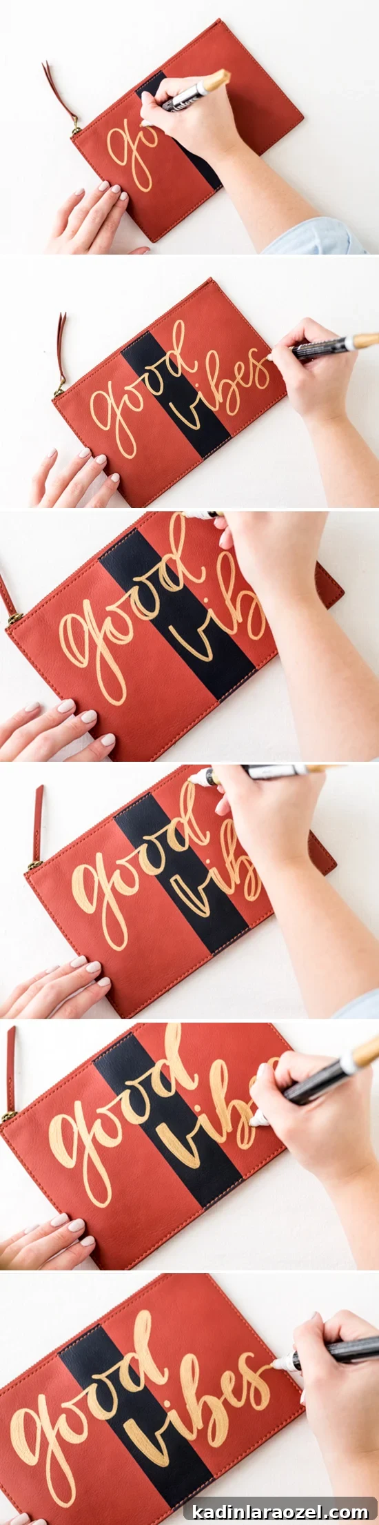 Add Instant Personality to a Plain Clutch in 5 Minutes 5 How to hand letter a clutch (the easy way) with a paint marker specially made for writing on leather and fabrics.