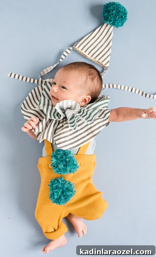 DIY Clown Costume for Baby. Complete with DIY pom poms, and a ruffly fabric collar and hat. 