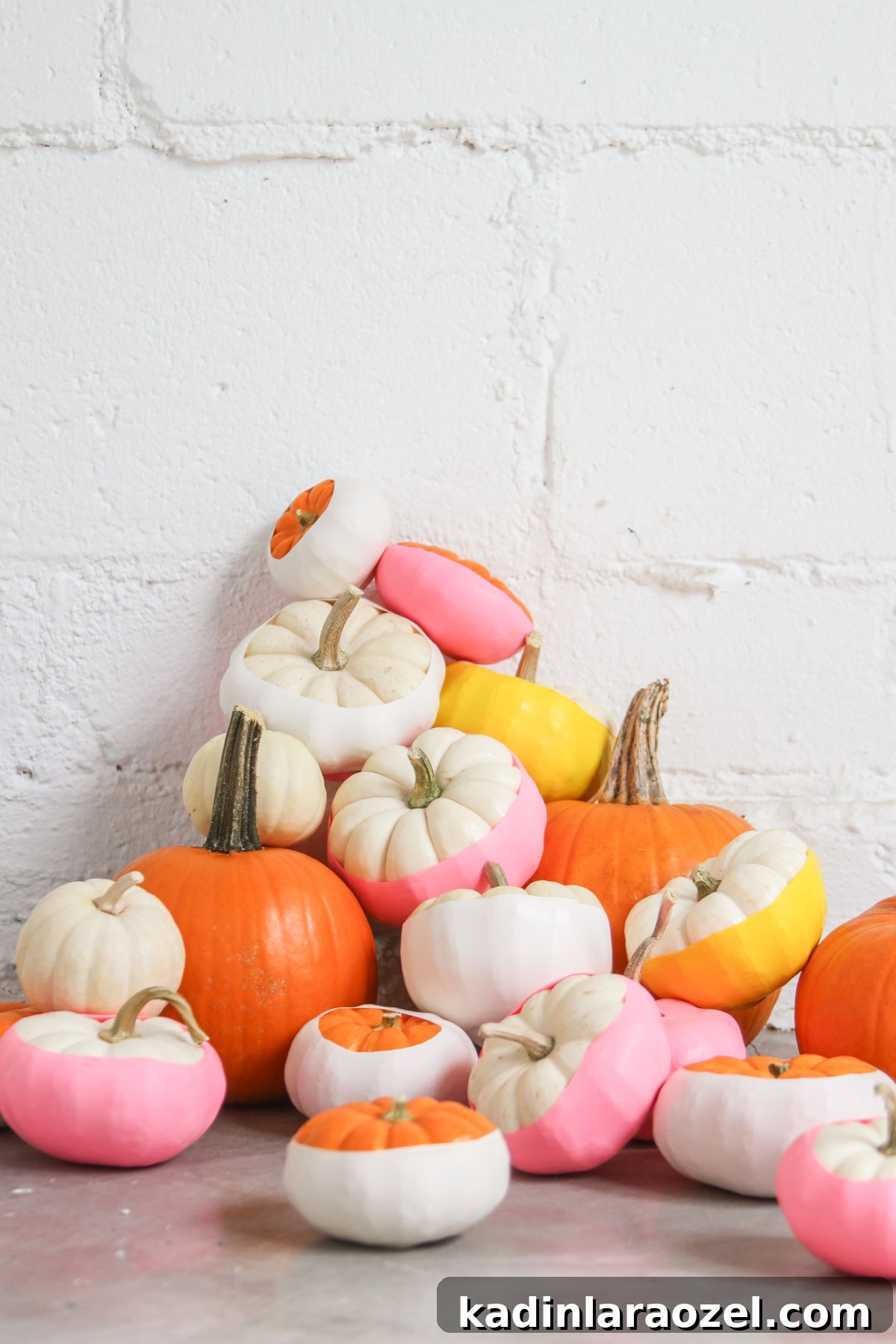 Small white pumpkins on white background with colorful color blocked designs on them