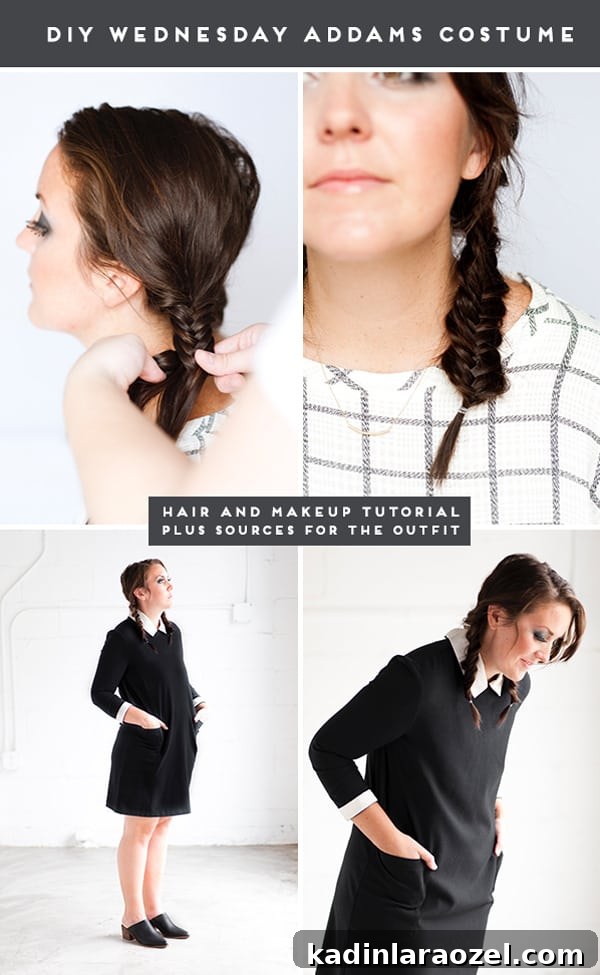 Woman wearing Wednesday Addams Halloween Costume.