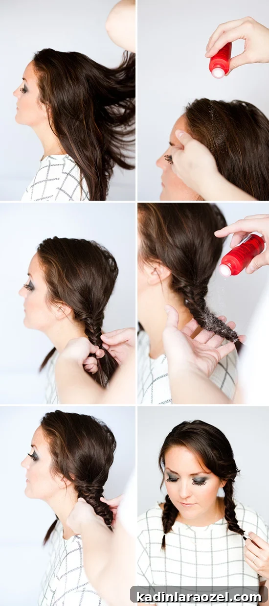 Images to show how to create fishtail braids for a Wednesday Addams costume.