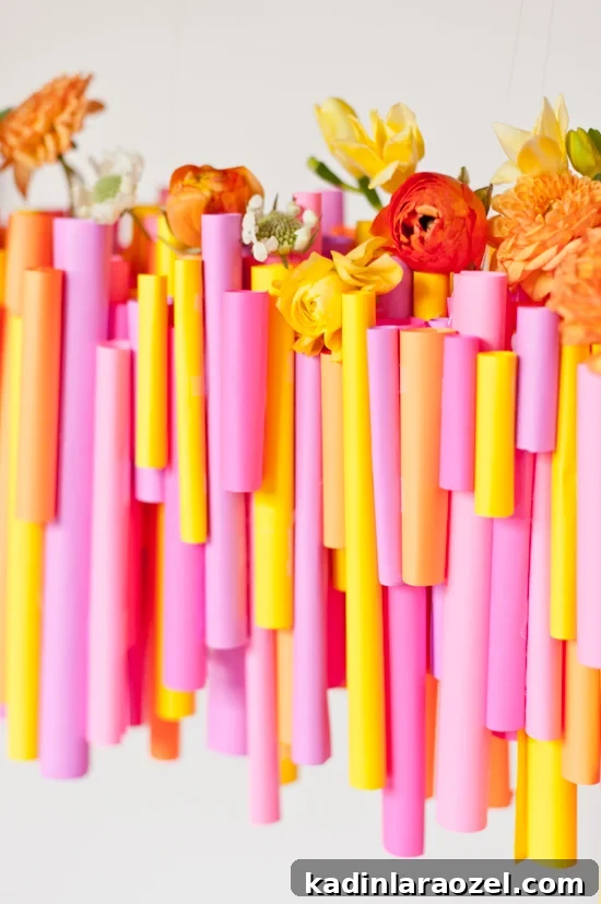 5 Budget DIY Ways to Color Your Dinner Table 4 Make this DIY hanging chandelier made of rolled up pieces of paper and wrapped test tubes for vases.