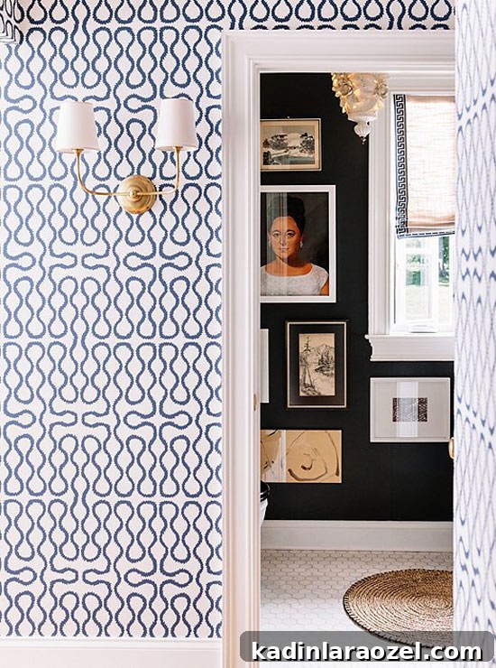 Gold sconce + bold wallpaper