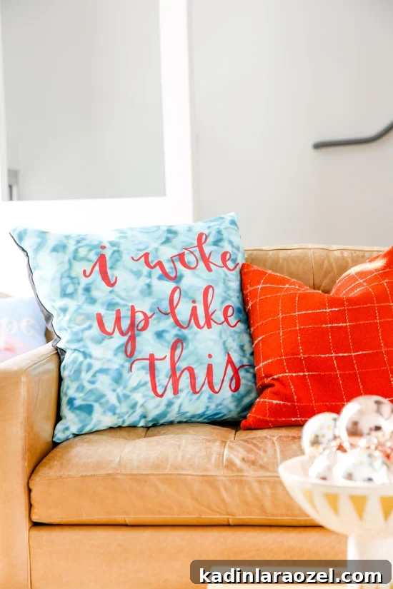 Ho Ho Home: Holiday Prep with DIY Pillows and Cozy Textiles 3 Make this hand lettered 'I WOKE UP LIKE THIS' pillow in about an hour with this simple tutorial. Plus, get tips on puling together an effortless holiday look for your living room without spending a ton of time..