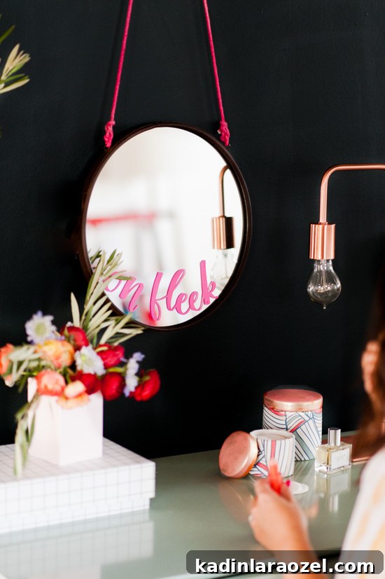 Decorating a Holiday Vanity: Playful Modern Styling Tips 3 ON FLEEK // hand lettered DIY vanity mirror
