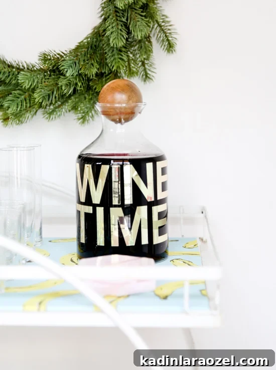 Holiday Bar Cart Styling Ideas and DIY Makeover Guide 10 DIY // Gold Foil Wine Time Decanter
