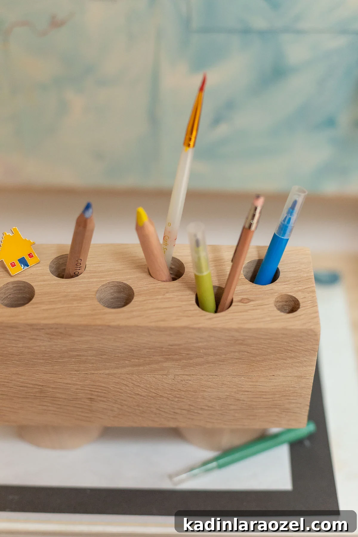 DIY Pencil Holder Makeover: Stylish Steps to Upcycle a Holder 4 Wood pencil holder on desk with markers and pencils inside