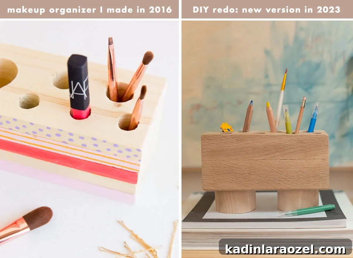 DIY Pencil Holder Makeover: Stylish Steps to Upcycle a Holder 5 Side by side makeup organizer made of wood, next to wood pencil holder