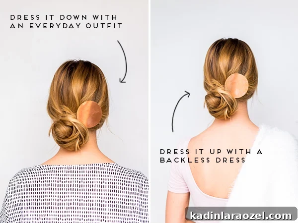 How to Create a Side-Swept Chignon: Step-by-Step Tutorial 3 Woman dresses two ways for messy chignon hair style with copper accessory