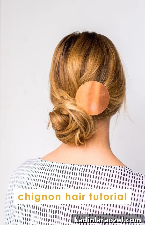 How to Create a Side-Swept Chignon: Step-by-Step Tutorial 6 Womens wearing messy chignon hair with copper accessory
