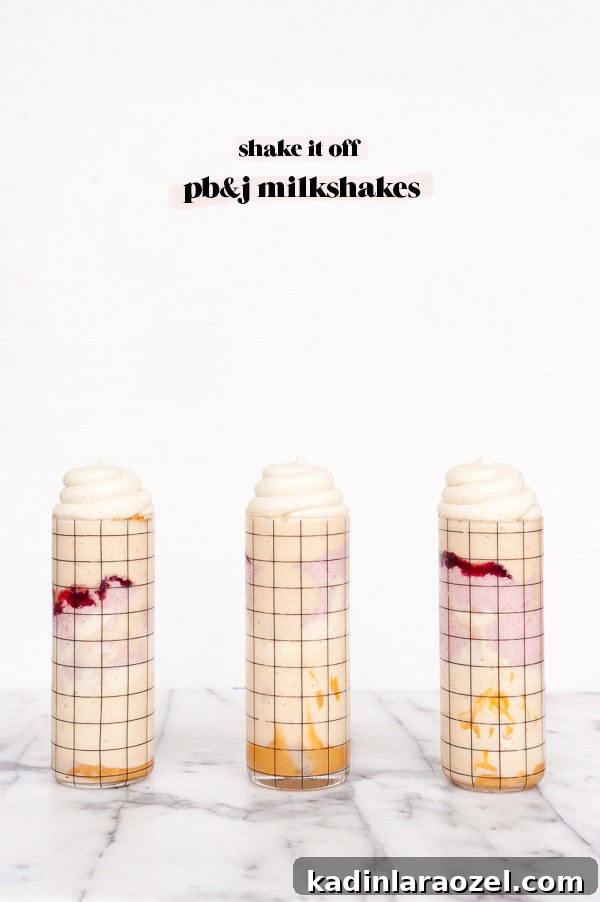 Color-Blocked Peanut Butter & Jelly Milkshakes for Milkshake Monday 4 Peanut Butter and Jelly Milkshakes