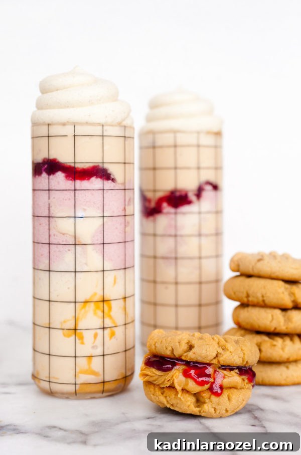 Color-Blocked Peanut Butter & Jelly Milkshakes for Milkshake Monday 5 Peanut Butter and Jelly Milkshakes