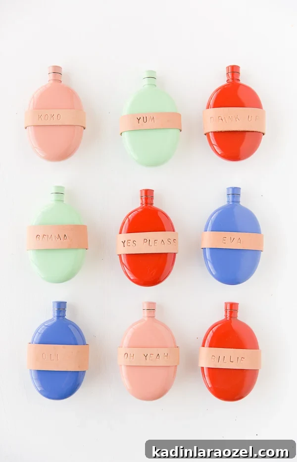 Leather-Wrapped Flask Gift Tutorial for Holiday Entertaining 5 Ready for a DIY Holiday Gift Idea? Check out this one for a (stamped) leather-wrapped flask. These are more toward the girlie side, but you could totally recreate a more masculine version for guys with a different flask. #holidaygift #christmas #colorful #leather #stampedleather #giftideas #gift #christmasgift #stockingstuffers