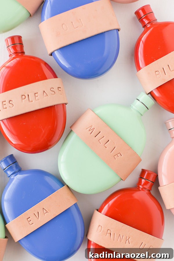 Leather-Wrapped Flask Gift Tutorial for Holiday Entertaining 6 DIY leather wrapped (and stamped) flasks! These would make awesome stocking stuffers and holiday gifts for friends.