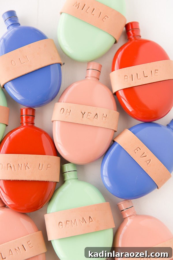Leather-Wrapped Flask Gift Tutorial for Holiday Entertaining 8 DIY leather wrapped (and stamped) flasks! These would make awesome stocking stuffers and holiday gifts for friends.