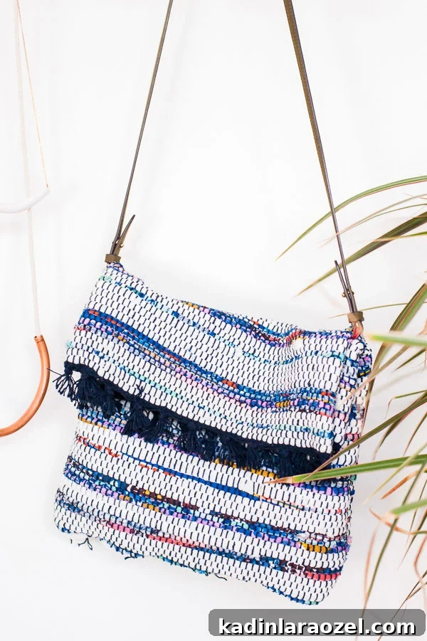 DIY Crossbody Bag for Under $10: Step-by-Step Guide 2 Closeup image of woven colorful crossbody bag.