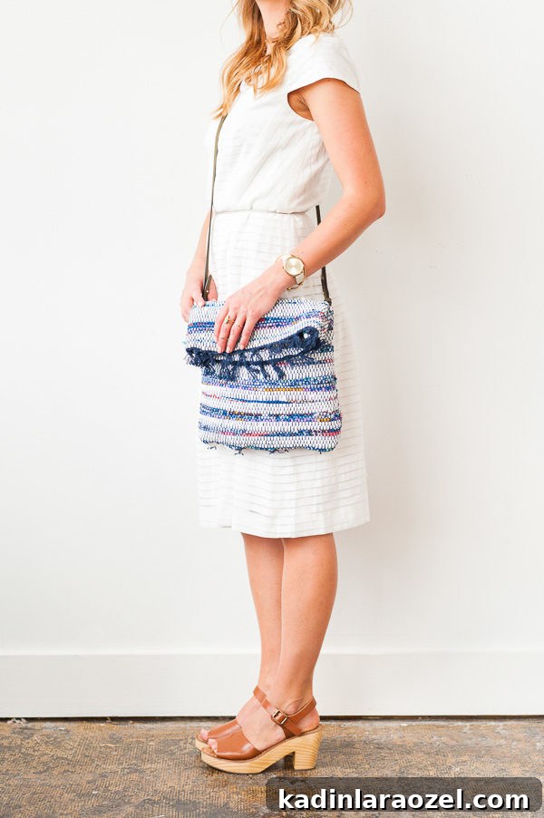 DIY Crossbody Bag for Under $10: Step-by-Step Guide 3 Woman carrying DIY crossbody bag, wearing white dress