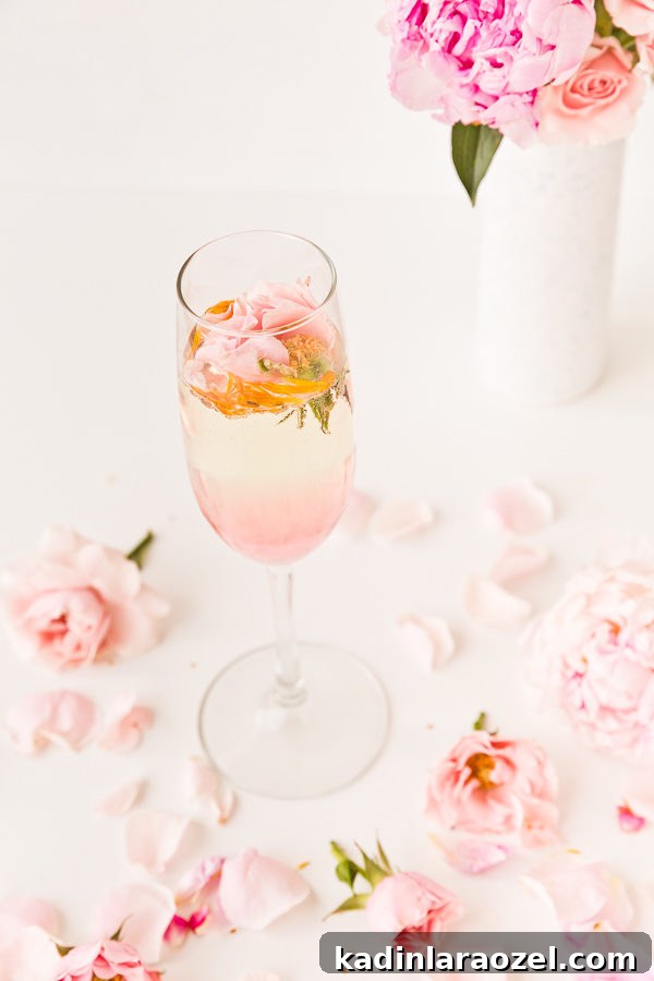 Rosey posey cocktail with homemade rose syrup and Prosecco