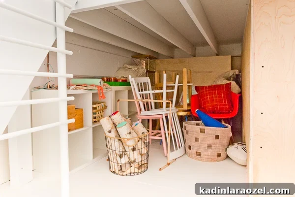 Modern Studio Makeover: DIY Seating and Storage Before & After 13 Behind the faux wall - large prop storage