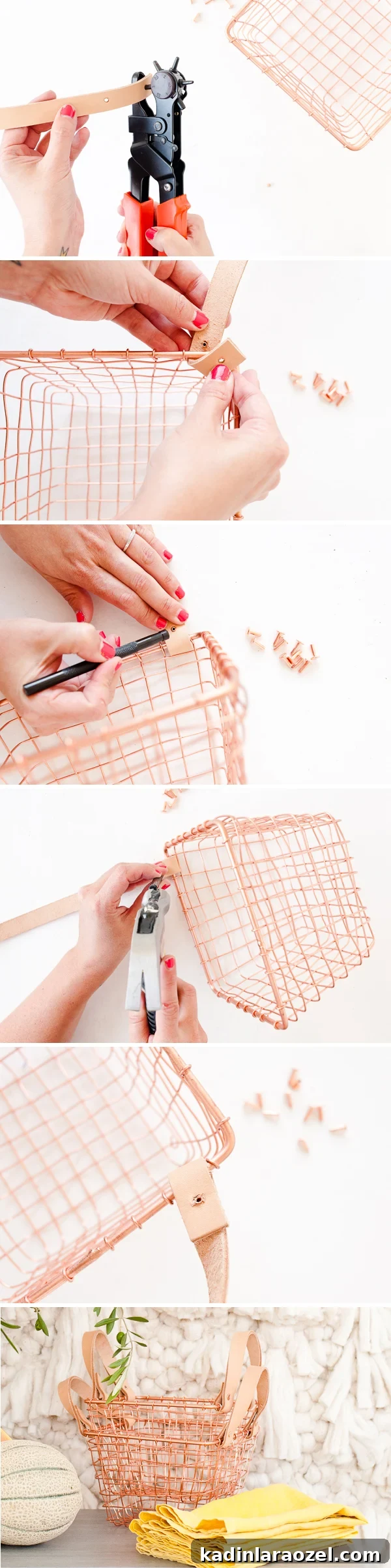 How to add leather handles to any wire basket. Click through for the step by step instructions.