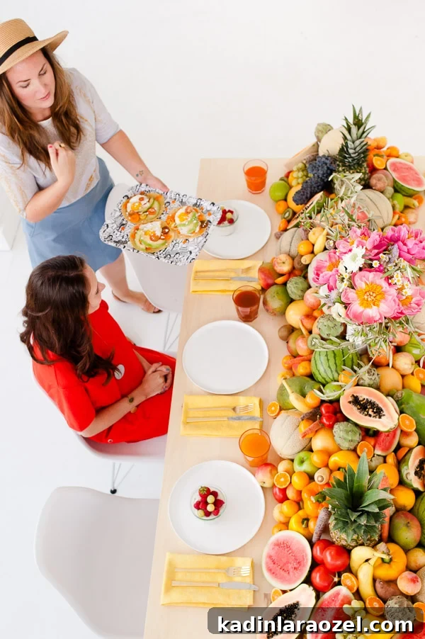 Fresh Summer Party Ideas // DIY floral centerpiece + edible fruit and veggie table runner