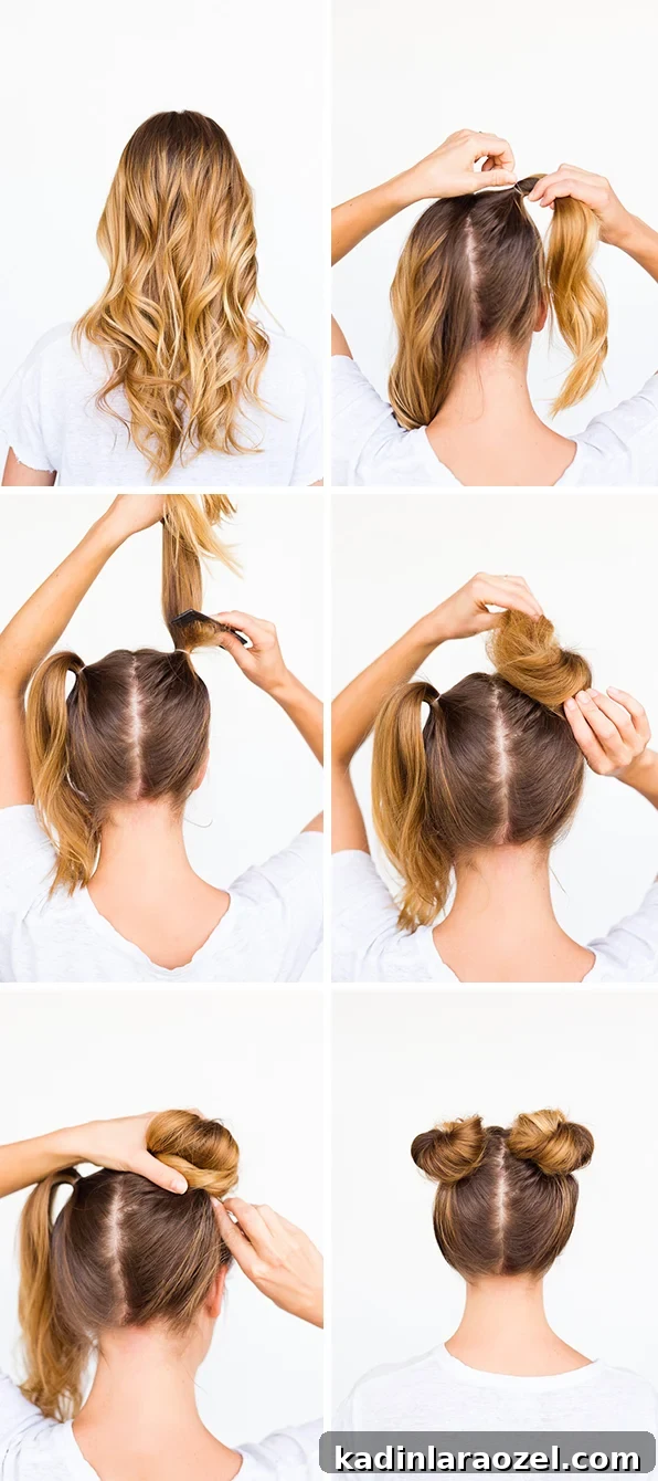 Steps for recreating a DIY double bun updo. Shows how to make a two buns look easily.